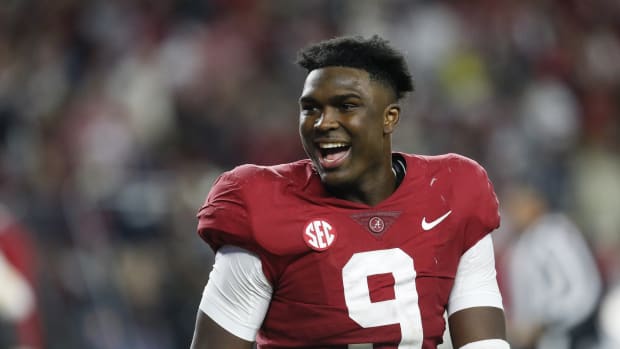 Nov 6, 2021; Tuscaloosa, Alabama, USA; Alabama Crimson Tide defensive back Jordan Battle (9) celebrates after defeating the LSU Tigers at Bryant-Denny Stadium. Alabama won 20-14. Mandatory Credit: Gary Cosby Jr.-USA TODAY Sports
